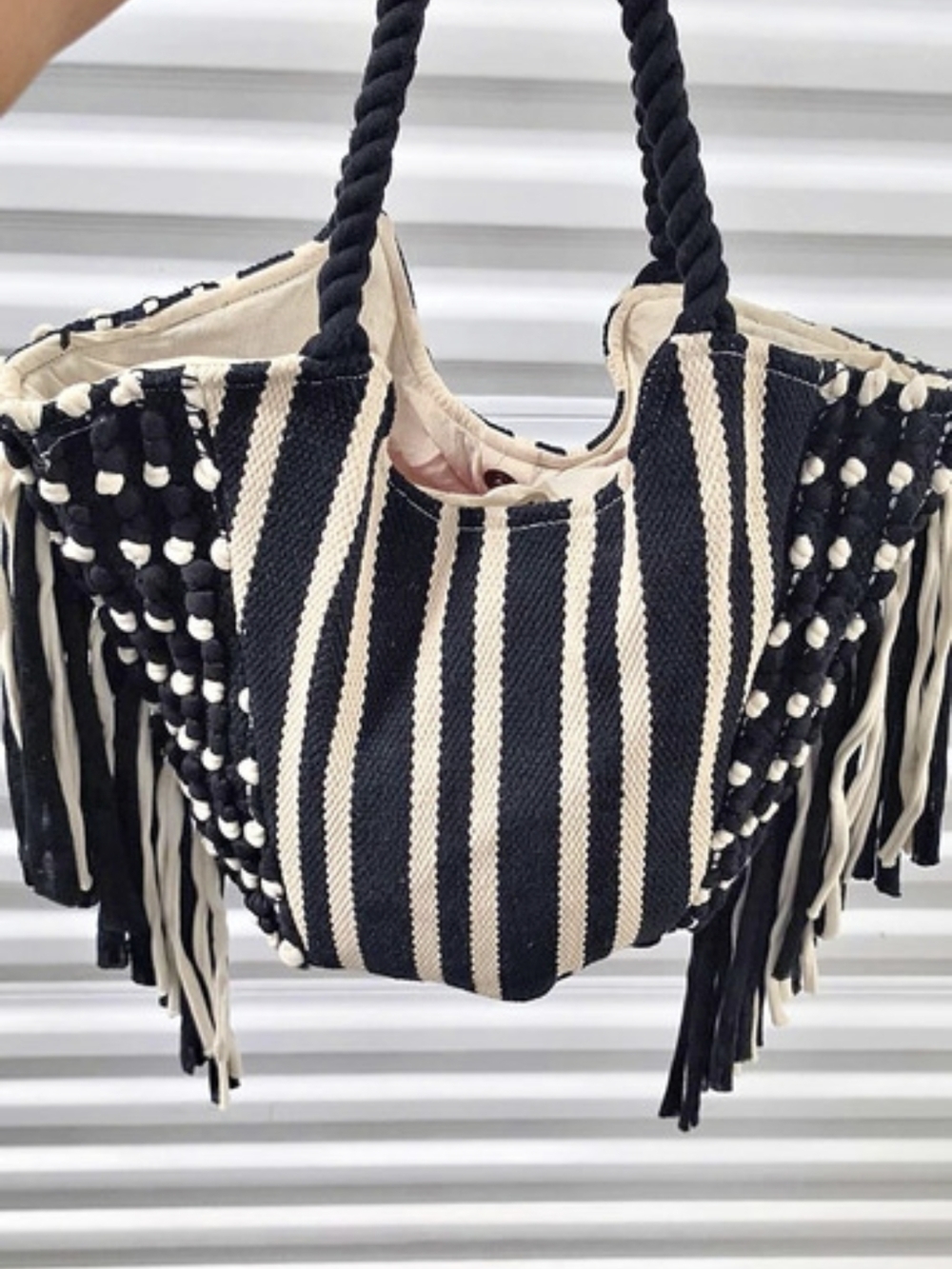 Striped Fringe Shoulder Bag in Black & White